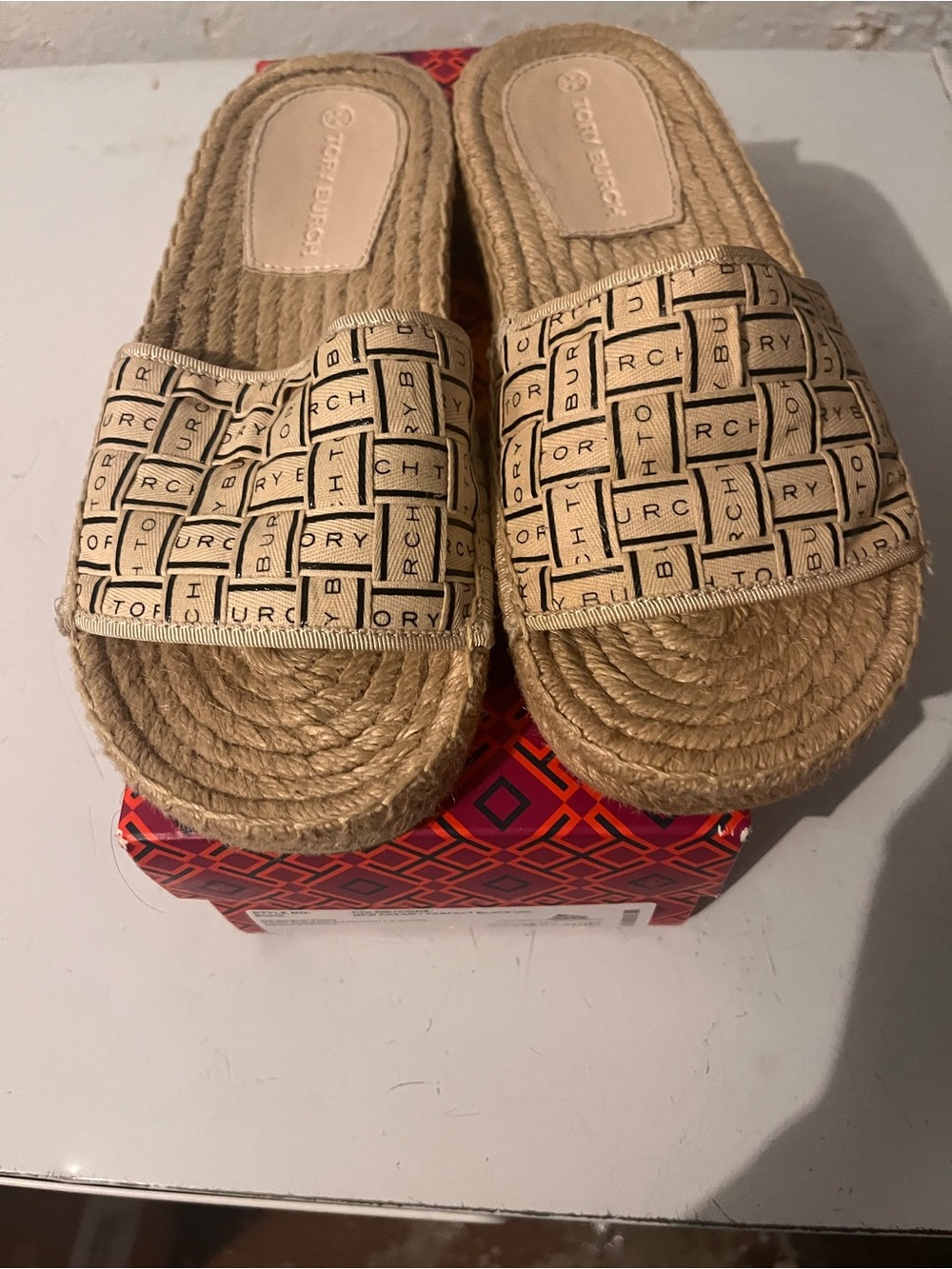 Tory Burch Beige Logo Espadrille Slide Mules
